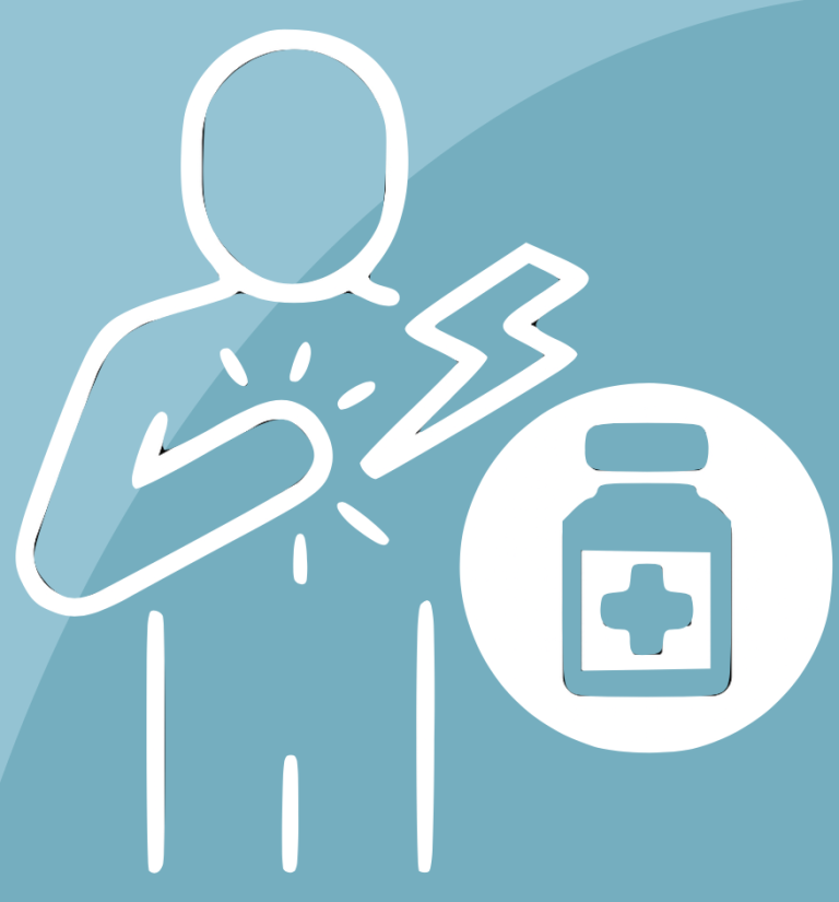 Schmerztherapie Person mit Schmerzblitz und Medikationsflasche im Hintergrund.