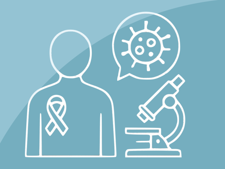 Krebsforschung Person mit einer Schleife, Mikroskop und Virus-Symbol auf einem hellblauen Hintergrund.