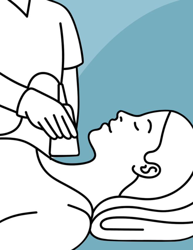 Sonographie Eine Person erhält eine Behandlung im Liegen, während eine andere Person die Technik anwendet.