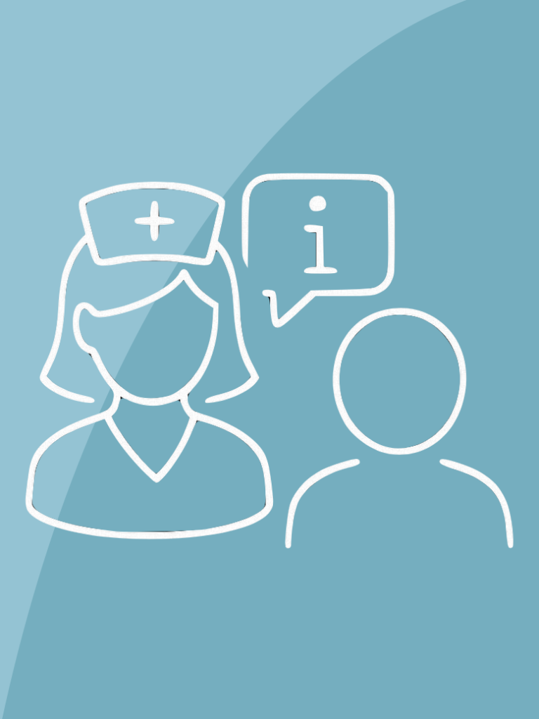 Patienteninformationen Eine Krankenschwester spricht mit einem Patienten, Informationssymbol im Hintergrund.