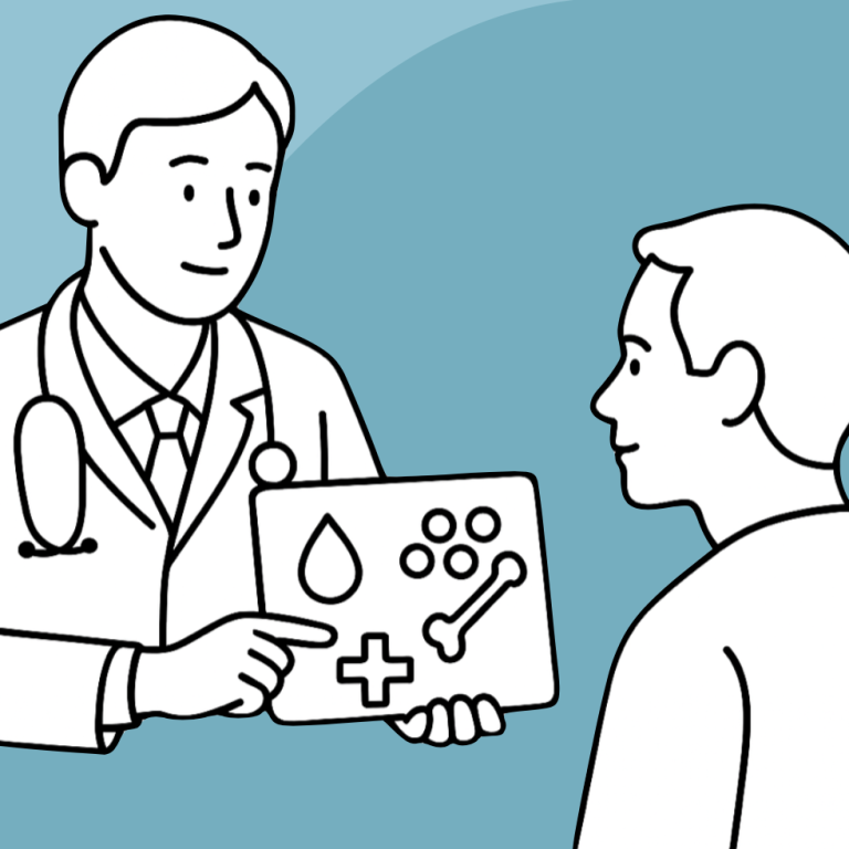 Befundung Arzt zeigt Patienten Infografik zu Gesundheit und medizinischen Informationen.