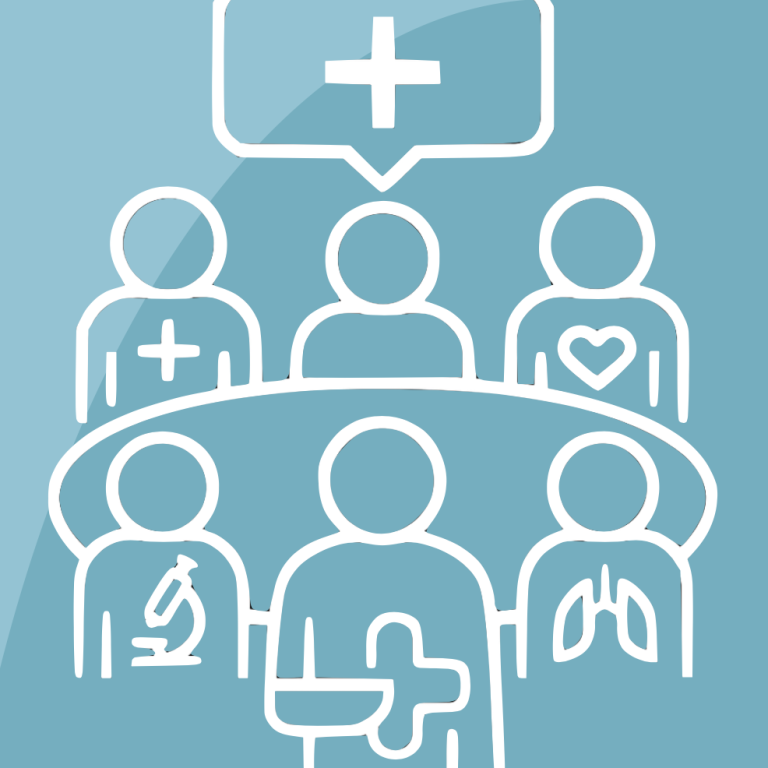 Tumorboards Menschen in einem Meeting, diskutieren Gesundheitsthemen mit Symbolen für Medizin und Organe.