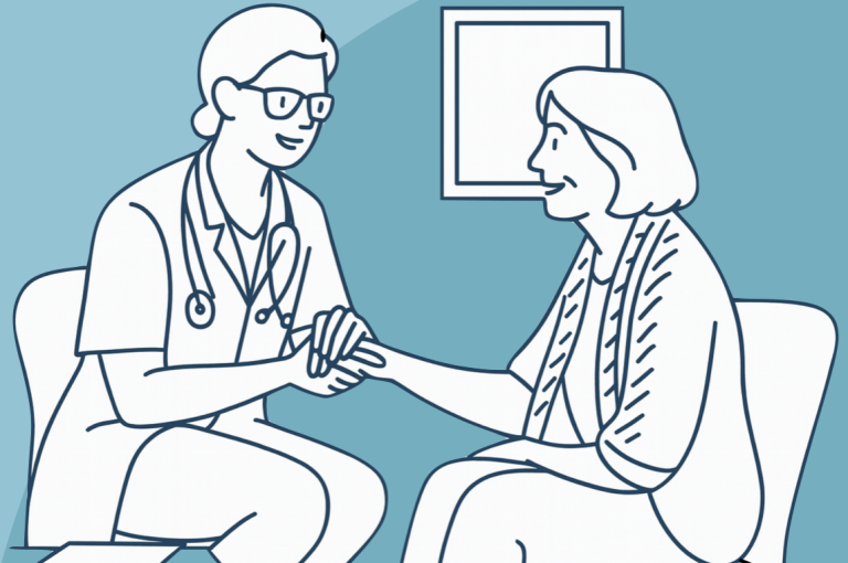 Patientengespräche Eine Ärztin hält die Hand einer Frau in einer Arztpraxis.